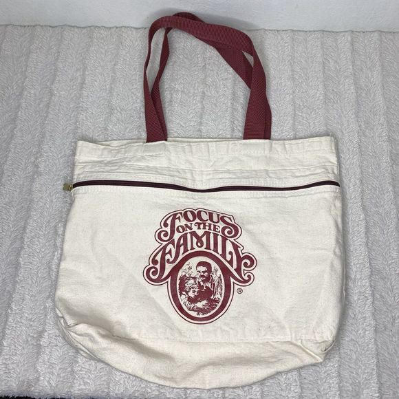 Focus On The Family Canvas Tote Bag Open Top And Front‎ Zipper Pocket - Picture 1 of 14
